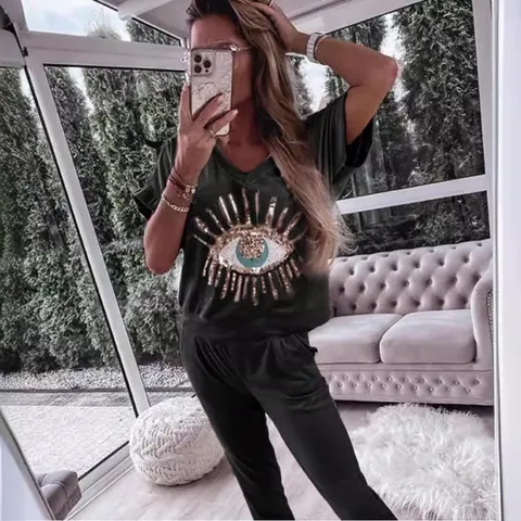 Women's Casual Two Piece Set Evil Eye Sequin Embroidered V-Neck Short Sleeve Top And Bottom Pants Set Polyester Cotton Outfit