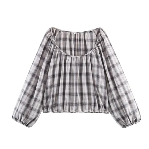 Top de Blusa de Manga Larga con Estampado de Cuadros Para Mujer y Falda Midi Asimétrica Conjuntos Superior e Inferior Poliéster Ropa