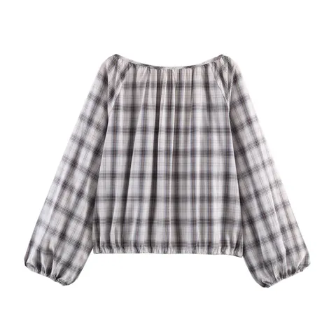 Top de Blusa de Manga Larga con Estampado de Cuadros Para Mujer y Falda Midi Asimétrica Conjuntos Superior e Inferior Poliéster Ropa