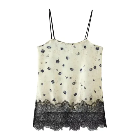 Top a Canotta in Raso con Stampa Floreale da Donna e Completo con Gonna Pantalone in Pizzo Outfits Estivi Senza Maniche