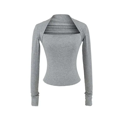 Γαλλικό Σικ T-Shirt με Γυμνούς Ώμους και Επίπεδα Μακρυμάνικο Γυναικείο Στενή Εφαρμογή Πλεκτό Lyocell Φθινοπωρινή Μπλούζα
