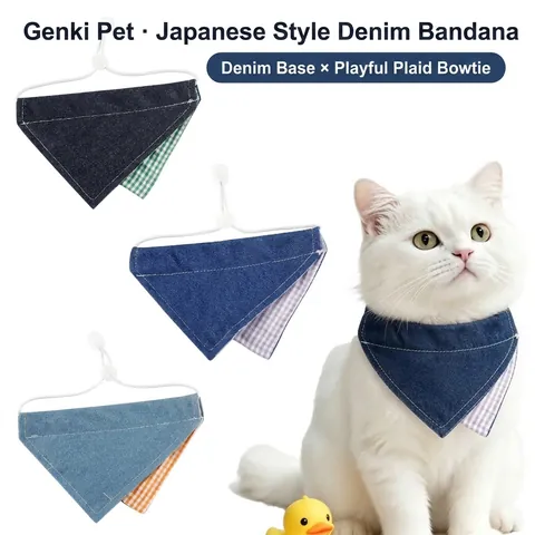Serviette de Salive Réglable pour Animaux Foulard Bandana en Denim à Carreaux pour Petits Moyens Chiens Chats Bavoir Style Japonais