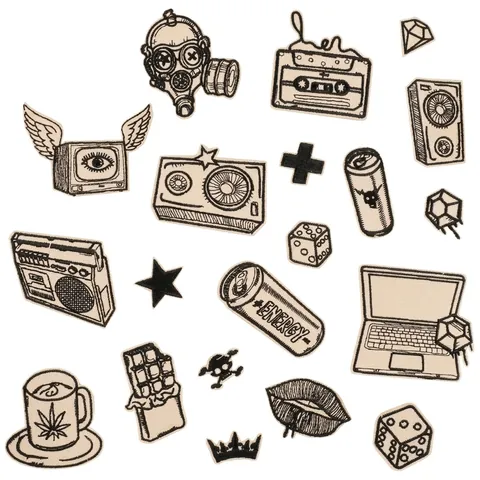 Vintage Sketch Embroidered Patch Retro Camera Cassette Computer Pattern Polyester DIY Iron-on Applique For Clothing Bag
