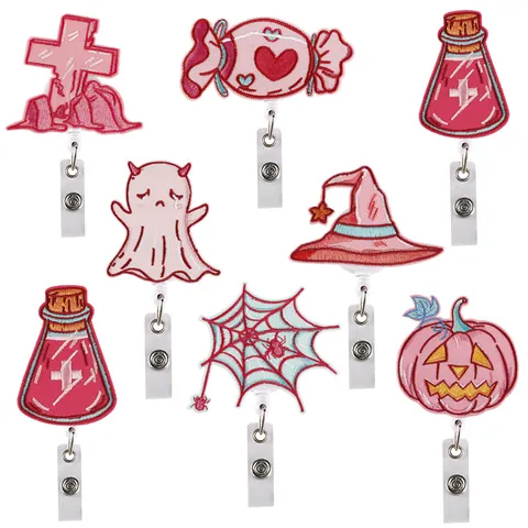 Halloween Ausziehbarer Badge-Rolle Bestickter Aufnäher Ausweishalter Rosa Kürbis Geist Hexenhut Badge Clip Für Krankenschwestern Büro
