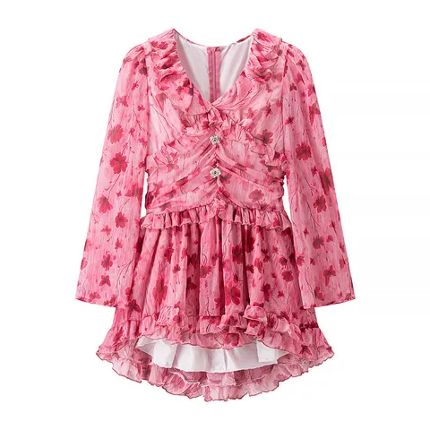 Women's European Style Sweet Floral Long Sleeve V-Neck Ruffle Mini Dress Polyester Chiffon Rhinestone Button Short Dress