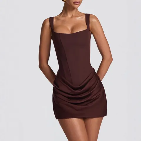 Women's Sexy Sleeveless Ruched Bodycon Mini Dress Corset Style Square Neck Backless Lace Up Party Club Dress Acrylic Blend
