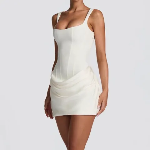 Women's Sexy Sleeveless Ruched Bodycon Mini Dress Corset Style Square Neck Backless Lace Up Party Club Dress Acrylic Blend