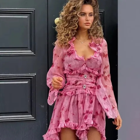 Women's European Style Sweet Floral Long Sleeve V-Neck Ruffle Mini Dress Polyester Chiffon Rhinestone Button Short Dress
