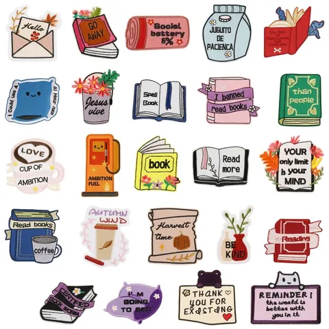Cartoon Book Embroidery Patch Reading Theme Iron On Applique Polyester Embroidered Patches For Clothing Bag DIY Decoration Accessories