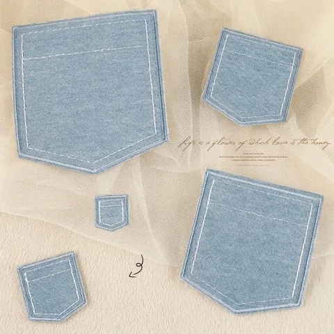 Light Blue Denim Look Faux Pocket Embroidered Patch For Clothing Canvas Bag Iron On Sewing Patch For DIY Applique Decor