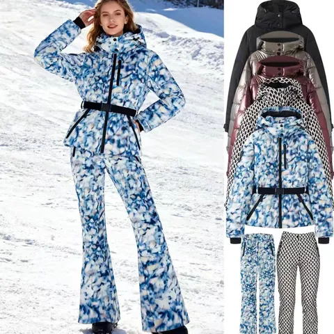 Damen Outdoor Skijacke Mit Kapuze Wattierter Mantel Schlanke Passform Gürtel Warm Winter Oberbekleidung Skianzug Top