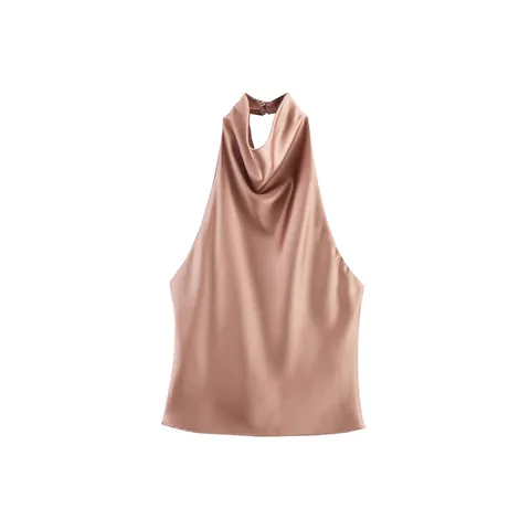 Damen Französisch Elegant Neckholder Satin Top Sommer Wasserfall Ausschnitt Ärmellos Einfarbig Polyester Seidig Oberteil