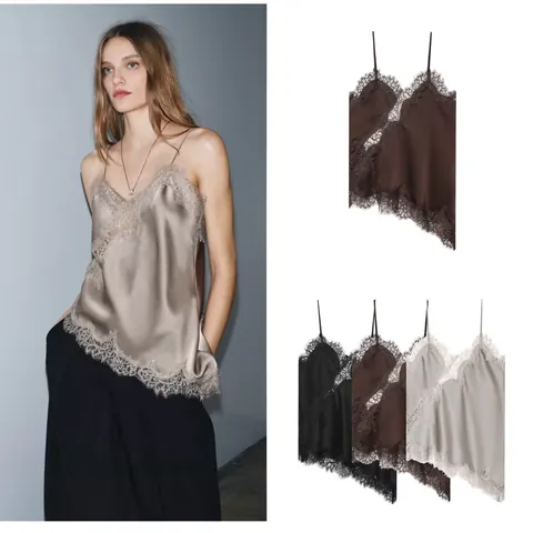 Vrouwen Elegante Satijnen Textuur Camisole Top Met Kantafwerking Onregelmatige Zoom Spaghettibandjes Polyester Slim Fit Top