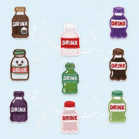 Mini Drink Bottle Embroidered Patches Polyester Iron On Appliques DIY Cartoon Food Drink Patches For Clothing Backpack Decor