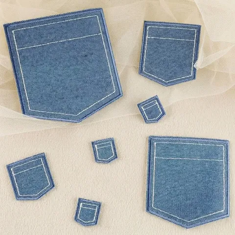 Dark Blue Denim Faux Pocket Embroidered Patch Iron On Applique For Clothing Hats Bags DIY Sewing Decoration Polyester Fabric Patch