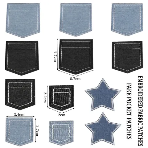 Embroidered Denim Faux Pocket Patch DIY Apparel Decoration Polyester Iron On Appliques For Jackets Jeans Bags