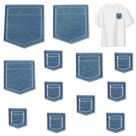 Denim Faux Pocket Embroidered Patch Iron On Applique For Clothing Jeans Bags Hats DIY Repair Decoration Sewing Accessory Deep Blue