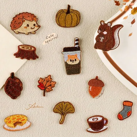Autumn Cartoon Animal Embroidered Patches For Clothing DIY Iron On Squirrel Hedgehog Maple Leaf Polyester Embroidery Applique For Bags Jackets Hats Decor