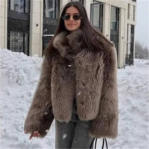 Damen Kunstpelzmantel Stehkragen Dick Warm Winter Kurz Oberbekleidung Polyester Kunstpelz Jacke Für Damen Elegant Lässig Einfarbig