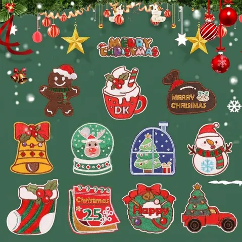 Toppe Ricamate di Natale dei Cartoni Animati Distintivi per Applicazioni Festive in Poliestere Stirare su Pupazzo di Neve Albero di Natale Omino di Pan di Zenzero Toppe per Abbigliamento Borsa Decorazione Fai da Te