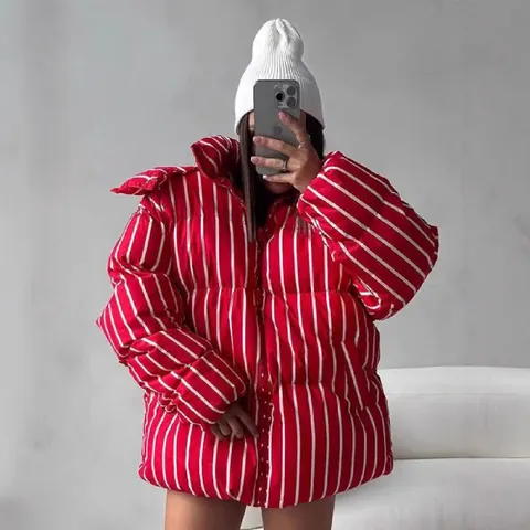 Giacca Puffer da Donna a Strisce Verticali Con Cappuccio Casual Largo Collo Rialzato Capispalla Imbottiti Cerniera Cappotto Invernale