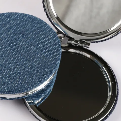 Mini Portable Folding Compact Makeup Mirror With Embroidered Elephant Denim Fabric Outer Case Round Metal Frame For Women Travel Accessory