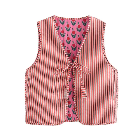 Dames Omkeerbare Gewatteerde Bodywarmer Straatstijl Bloemenprint Gestreepte Mouwloze Jas Strikdetail Herfst Winter Bovenkleding