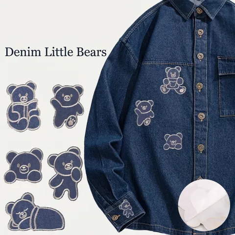 Cartoon Bear Embroidered Patch Self-Adhesive Blue Denim Texture Bear Embroidery Applique For Clothing DIY Sewing Accessories
