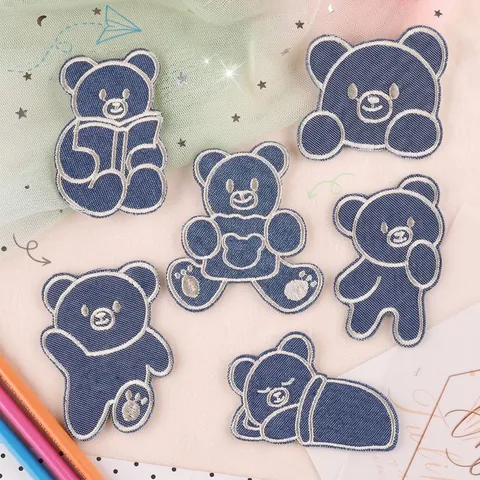 Cartoon Bear Embroidered Patch Self-Adhesive Blue Denim Texture Bear Embroidery Applique For Clothing DIY Sewing Accessories