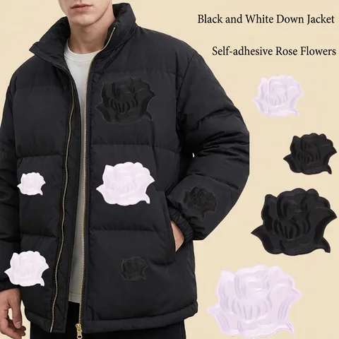 Bestickter Rosenblüten Aufnäher Schwarz Weiß Blumen Applikation Selbstklebender Bügelbild Reparaturflicken Für Kleidung Daunenjacke