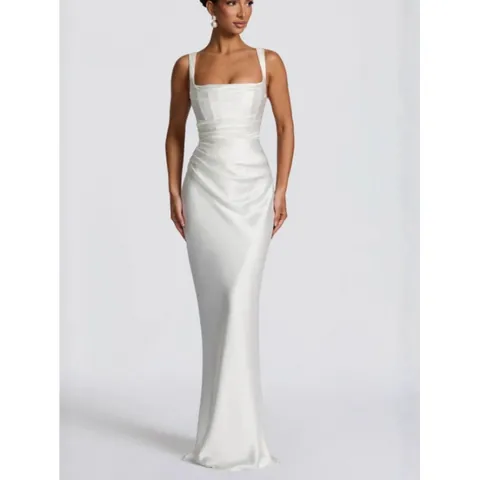 Women Sexy Square Neck Satin Mermaid Evening Gown Ruched Backless Lace-Up Maxi Dress For Wedding Banquet Party