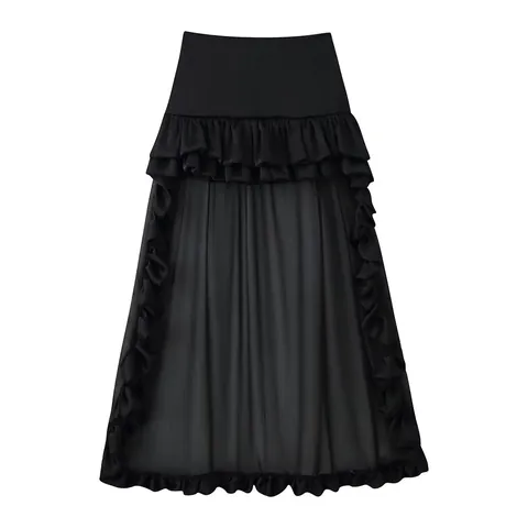 Women Gothic Tiered Ruffle Maxi Skirt Polyester High Waist Long Trail Black Patchwork Skirt For Party Banquet Streetwear