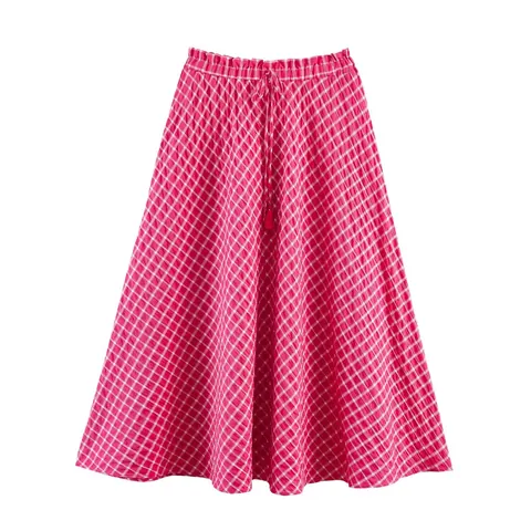Women Fashion Plaid Midi Skirt High Waist Elastic Drawstring A-Line Gingham Skirt Summer Casual Streetwear Polyester Skirt