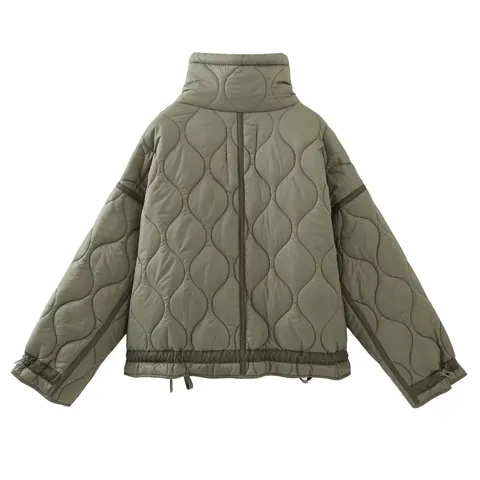 Women Stand Collar Quilted Jacket Wave Pattern Padded Coat Warm Winter Short Outerwear With Pockets Drawstring Hem Casual Top