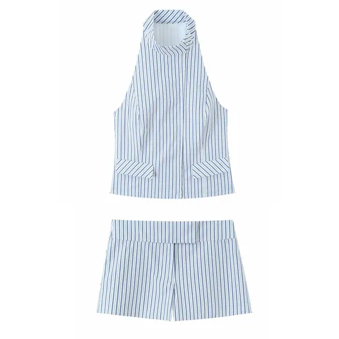 Set Due Pezzi Donna Estivo Con Top a Righe Scollo All'americana e Pantaloncini Mini in Cotone Casual per Vacanze
