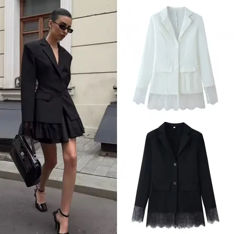 Women Fashion Lace Patchwork Long Sleeve Blazer Jacket Elegant Solid Color Lapel Suit Outerwear For Office Party Daily