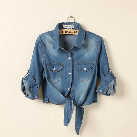 Veste en Jean pour Femmes Chemise Courte Ourlet à Nœud Délavée Usée Revers Manches Bouffantes Poches Style Décontracté Coréen