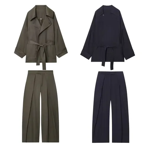 Dames Elegant Polyester Outfit Set Effen Lange Mouw Wikkeltop En Geplooide Wijde Pijpen Broek Tweedelig Pak Voor Woon-werkverkeer