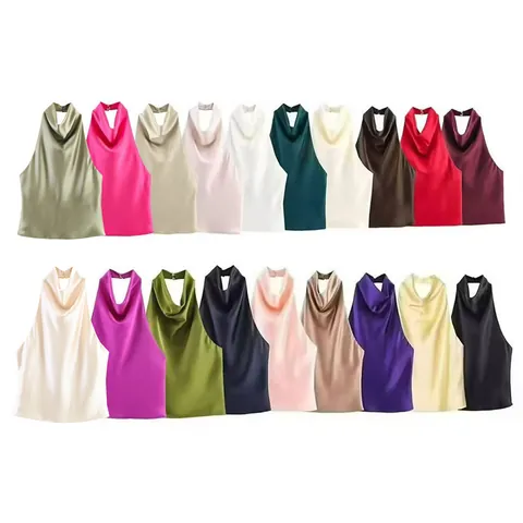 Elegantes Damen Satin Textur Neckholder Rückenfrei Wasserfallausschnitt Top Hochgeschlitzter Midi Rock Set Polyester Einfarbig Sexy Party Club Wear Outfit