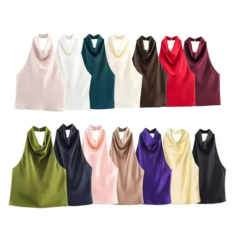 Elegantes Damen Satin Textur Neckholder Rückenfrei Wasserfallausschnitt Top Hochgeschlitzter Midi Rock Set Polyester Einfarbig Sexy Party Club Wear Outfit
