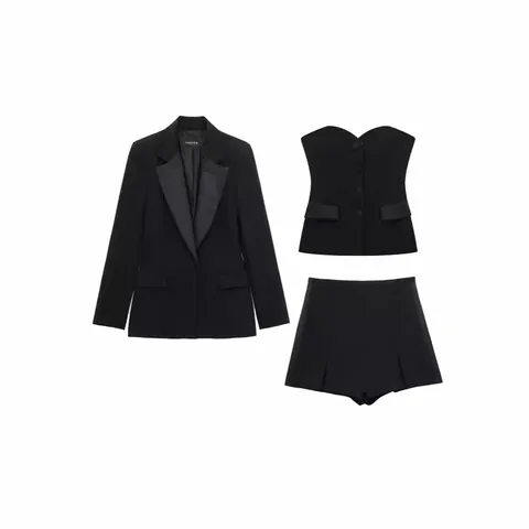 Conjunto de Chaqueta Blazer de Retazos con Textura de Satén para Mujer Top de Tubo y Parte Inferior Elegante Ajustado Slim Fit Trajes de Fiesta de Dos Piezas