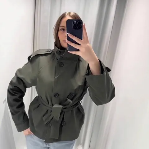Women Short Trench Coat Double Breasted Belted Lapel Long Sleeve Solid Color Fashion Casual Outerwear Jacket