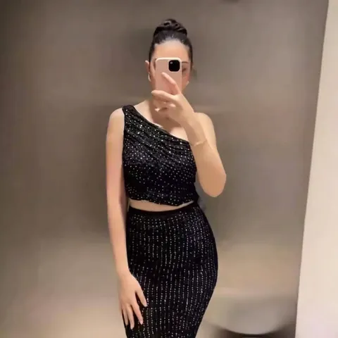 Women Sexy Lace One Shoulder Ruched Top Rhinestone Bodycon Mini Skirt Set Summer Party Nightclub Streetwear Outfits