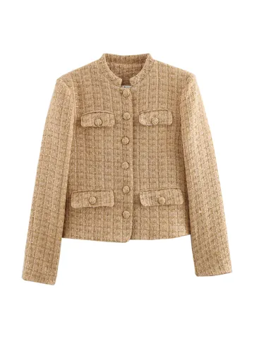 Giacca Corta in Tweed Stile Francese da Donna Monopetto Girocollo Primavera 2025 Elegante Soprabito da Celebrità Cachi