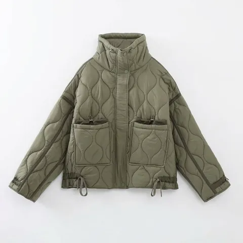 Women Stand Collar Quilted Jacket Wave Pattern Padded Coat Warm Winter Short Outerwear With Pockets Drawstring Hem Casual Top