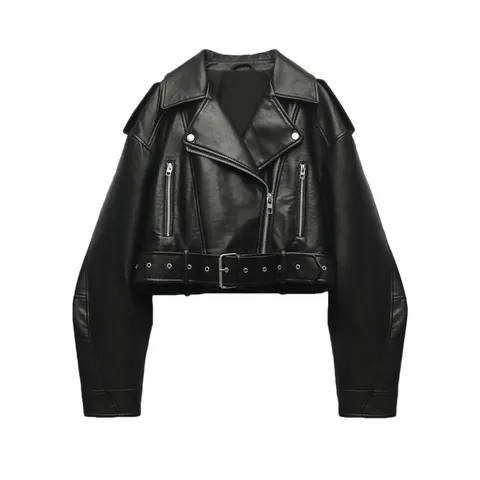 Giacca da Moto Vintage in Similpelle da Donna Corta Cropped in PU con Cintura e Tasche a Zip Cappotto a Maniche Lunghe