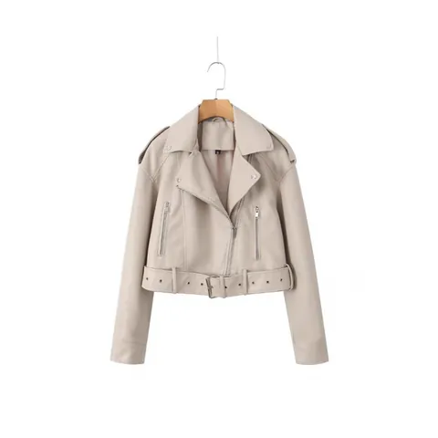 Giacca da Moto Vintage in Similpelle da Donna Corta Cropped in PU con Cintura e Tasche a Zip Cappotto a Maniche Lunghe
