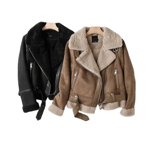 Giacca Biker da Donna in Scamosciato Sintetico Foderata in Sherpa Grande Bavero Cappotto da Moto Ispessito Con Cintura Inverno