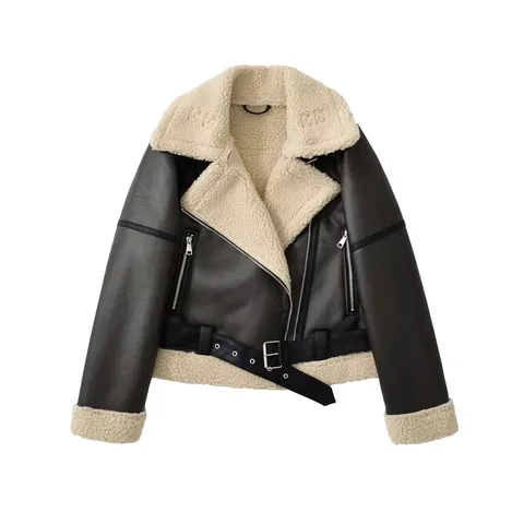 Giacca Biker da Donna in Scamosciato Sintetico Foderata in Sherpa Grande Bavero Cappotto da Moto Ispessito Con Cintura Inverno