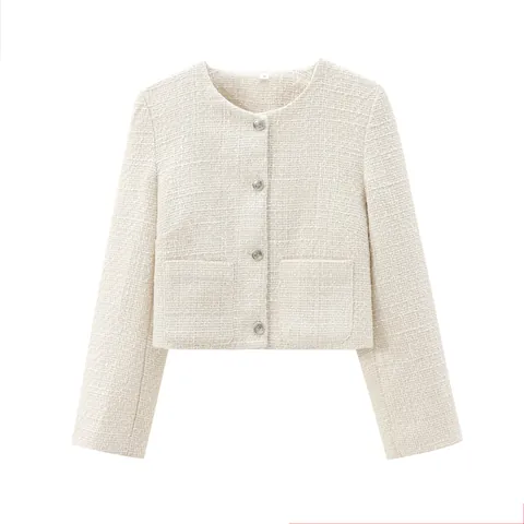 Giacca da Donna Elegante in Tweed di Poliestere Girocollo Cappotto Corto Vintage Testura Intrecciata Capispalla Moda Urbana
